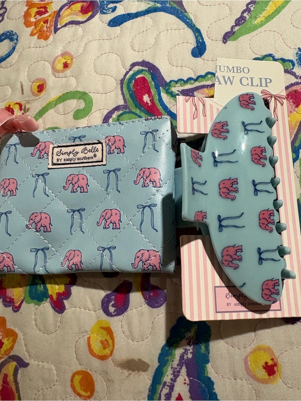 Simply Southern Light Blue Quilted Elephant Wallet and Jumbo Hair Clip